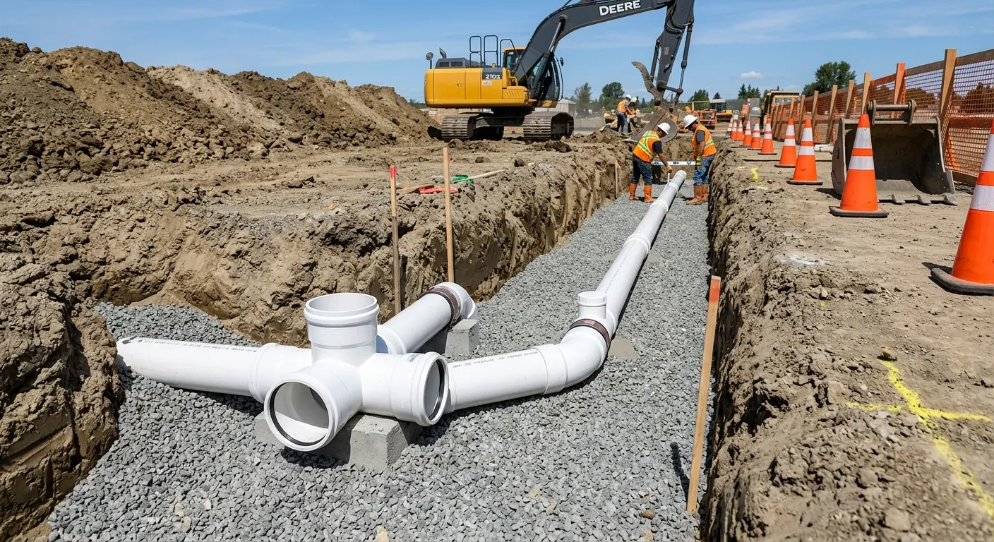 New PVC sewer pipe installation in open trench for Sewer Backup in Siesta Key