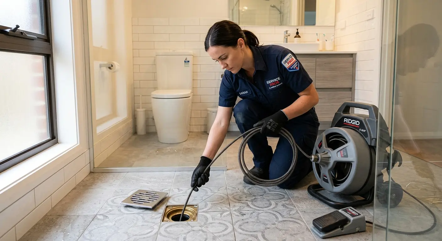 Technician clearing a bathroom floor drain for Drain Repair in Siesta Key